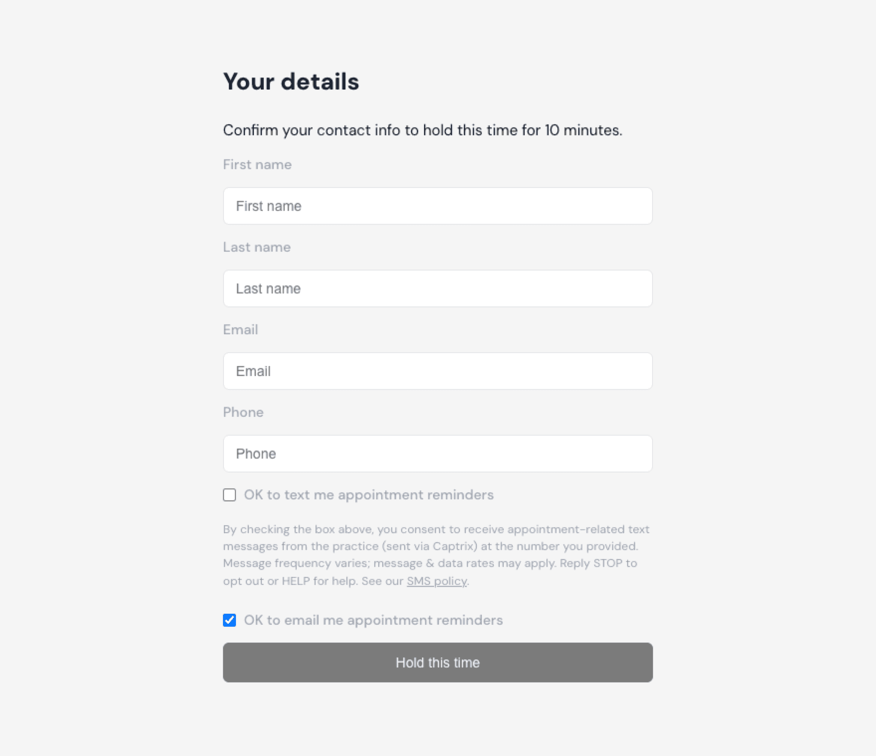 Captrix online booking form showing the SMS consent checkbox and disclosure shown when a patient provides their phone number