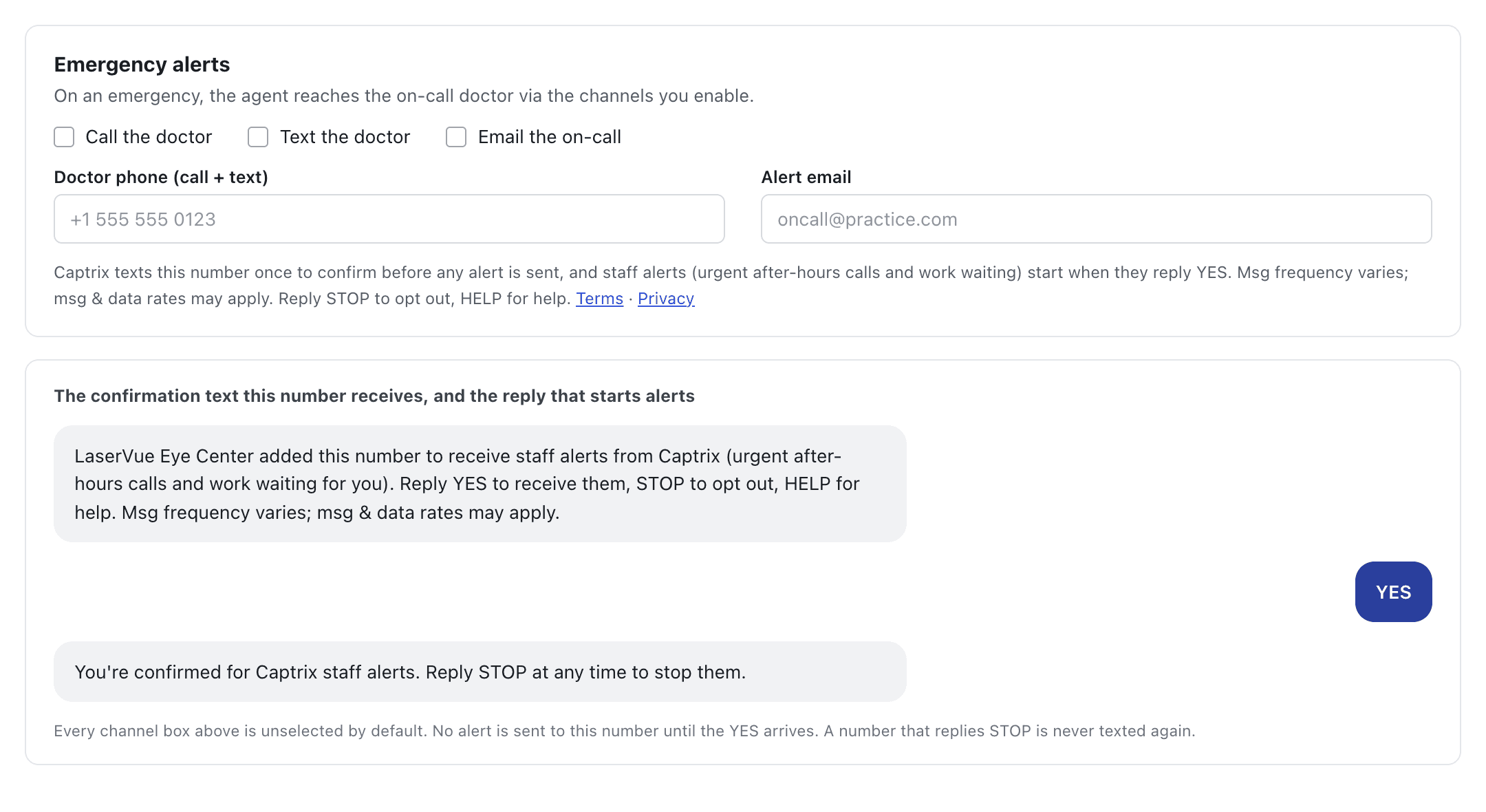 Captrix dashboard emergency-alerts settings showing the SMS consent disclosure under the staff mobile number field, and the confirmation text that number must answer YES to before any alert is sent